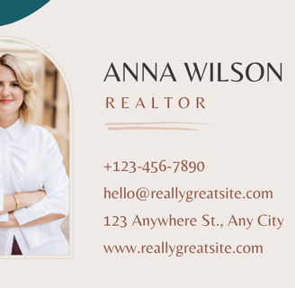 a business card with a woman in a white shirt