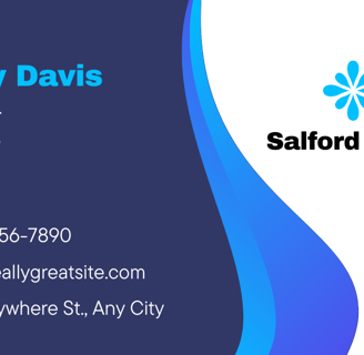 a business card with a blue and white business card