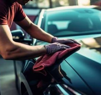 Professional detailer cleaning a black car exterior with a microfiber cloth.