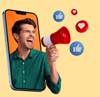 Man with megaphone emerging from smartphone screen surrounded by social media icons, representing in