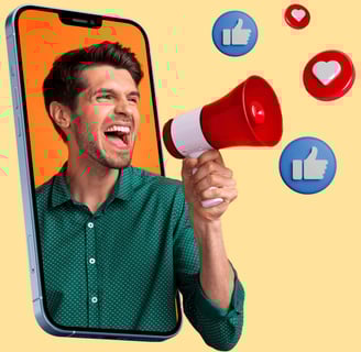 Man with megaphone emerging from smartphone screen surrounded by social media icons, representing in