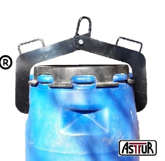 a blue plastic water bottle with a black handle