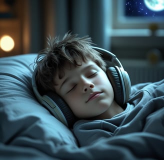 a calm sleeping boy with headphones on