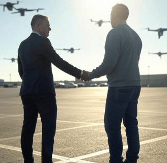 two men shaking hands in front of a large group of planes