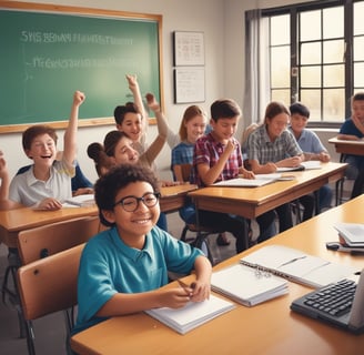 A colorful classroom corner decorated with educational materials and artwork. A tree made of brown paper with a bright yellow paper sun on a blue background. Alphabet letters displayed on a board with multicolored magnets. Several educational posters feature drawings and letters, and a plush toy lies on a white shelf. Various cut-out images and decorations create a child-friendly and engaging learning environment.