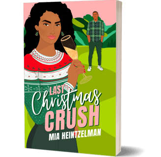 Black woman in a Christmas sweater with a champagne flute in the forefront; Black man in plaid shirt