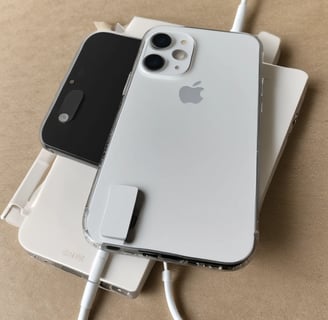A white smartphone with an Apple logo on its back is placed face down on a wooden surface. The wooden grain texture is visible, and a pencil is lying nearby.