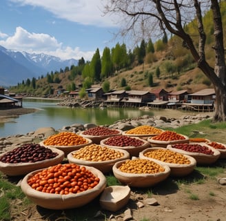 A roadside market stall features a variety of colorful dried fruits displayed in trays. The stall is set up next to a white van and shaded by a large umbrella. The background showcases a clear blue sky with a few clouds, suggesting a sunny day.