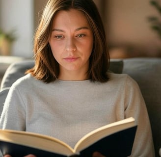 A person sitting on a cozy couch, reading a book with a cup of tea on the side table, bathed in warm natural light from a win