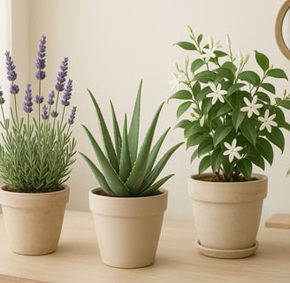 Image showing popular anti-stress plants (lavender, aloe vera, jasmine) arranged in a bright, zen-like home interior.