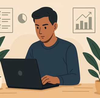 Illustration of a focused person at a computer, surrounded by zen elements and productivity tools.