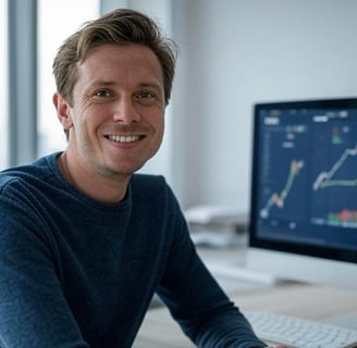 Smiling freelancer in front of a screen showing rising charts, symbolizing fast income growth.