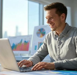 Illustration of a smiling freelancer at a laptop with rising income charts in 2025.