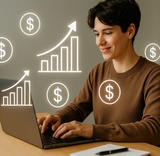 Illustration of a person sitting at a desk with a laptop and money bills floating around, representing multiple income stream