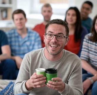 A group of friends sitting on a gray couch in a bright, modern living room. The person in the center holds two reusable mugs,