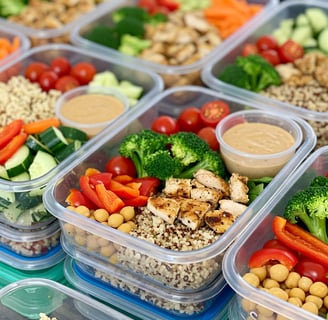 A close-up, high-angle shot shows multiple clear, rectangular meal prep containers stacked on top of each other. Each contain