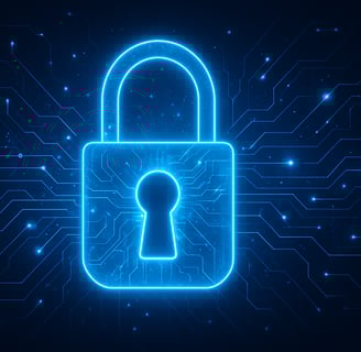 Illustration of a blue digital padlock on a dark background with a virtual network, representing personal data protection.