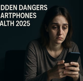 Tired woman holding her smartphone with dark circles and slouched posture, symbolizing hidden phone health dangers in 2025.