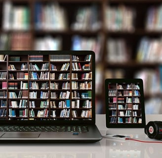 Laptop and smartphone set against a bookshelf backdrop, highlighting an online bookshop for specialized documentary resources