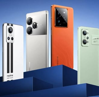 A lineup of Realme smartphones in various colors including white, silver, orange, and green, display