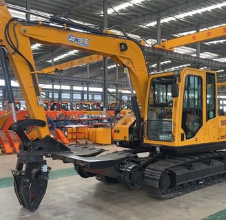 a large yellow excavator in a warehouse