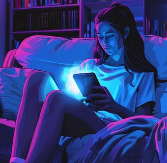 a young woman sat looking at the blue light on the screen of a tablet and phone in the dark