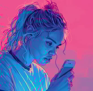 Young girl in a sports top staring at her phone