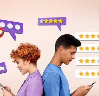 a man and woman looking at their cell phones