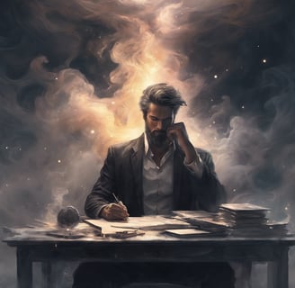 a man sitting at a desk with a phone in his hand