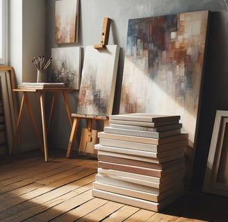 a stack of books and a painting on a wooden floor