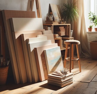 a room with a lot of art work and a table with a chair