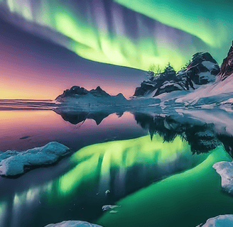 a green and purple sky with a mountain in the background