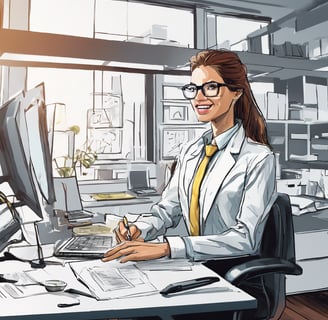 a woman in a lab coat and glasses is sitting at a desk