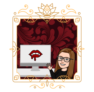 a woman with glasses in front of a computer with a red lips logo in a victorian frame