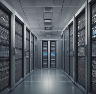 A white mask with distinct black features is placed on an open server tray in a data center or server room. The server is equipped with various LED indicators and network ports, suggesting an active setup.