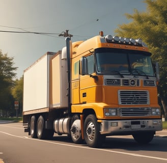 a truck with a white boxy cabdy driving down a street