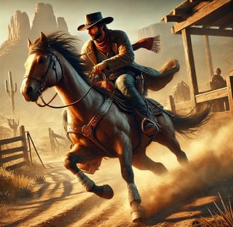 a man riding a horse in a desert in western style
