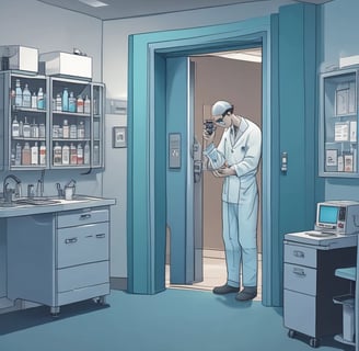 A person wearing a blue protective suit and mask is working in a laboratory setting. They are handling petri dishes on a counter with a digital display and laboratory equipment nearby. The room has clean, white walls and a blue door.