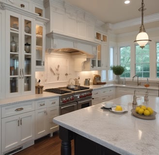 Updated Kitchen with paneling details, an enlarged island  & glass cabinet doors