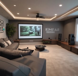 Home theater with seating, shelving and giant tv screen installed by Cool Geekz