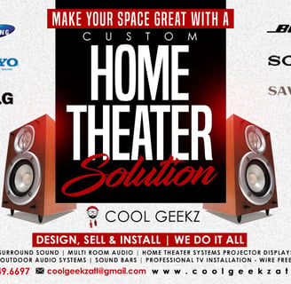 Home theater sales and design flyer for Cool Geekz