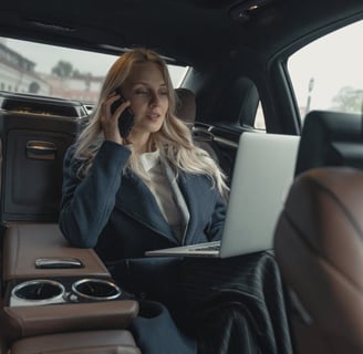 Business owner in the backseat of a car on her phone and laptop conducting business