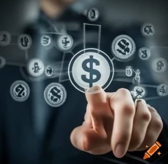 Uma mão apontando para moedas fictícias.