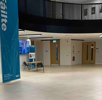 Entrance foyer - a wide level space with columns supporting a galleried upper floor