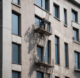 A partially constructed or renovated interior space featuring exposed brick walls and wooden ceilings. A white door is visible in the background next to a red painted wall. A plastic sheet covers furniture on the right side, and there are construction materials scattered across the floor.