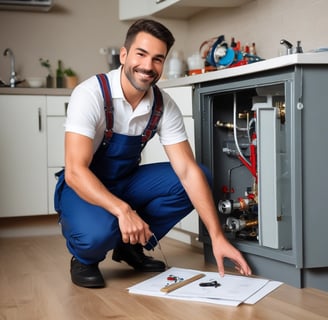 a man in overalls and overalls is smiling and holding a wrench