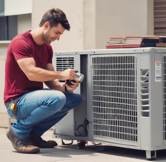 a man in a red shirt is holding a remote control unit