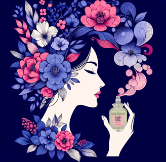 Femme hume un parfum, des volutes se transformant en fleurs faisant exalter ses sens.