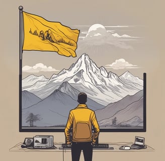 user behind computer looking and mountain peak representing goal