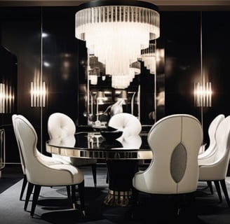 Dining room with a round table and luxury chairs in Union City, CA interior design.